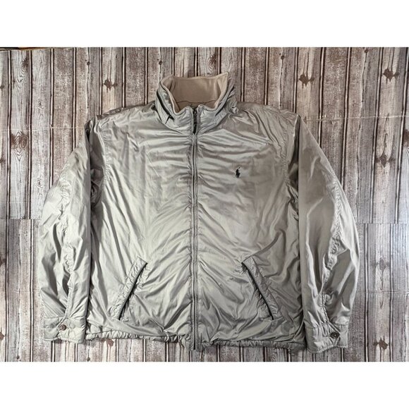 Polo Ralph Lauren Quilted Calf Leather Trim Hideaway Hood Jacket size XL Beige